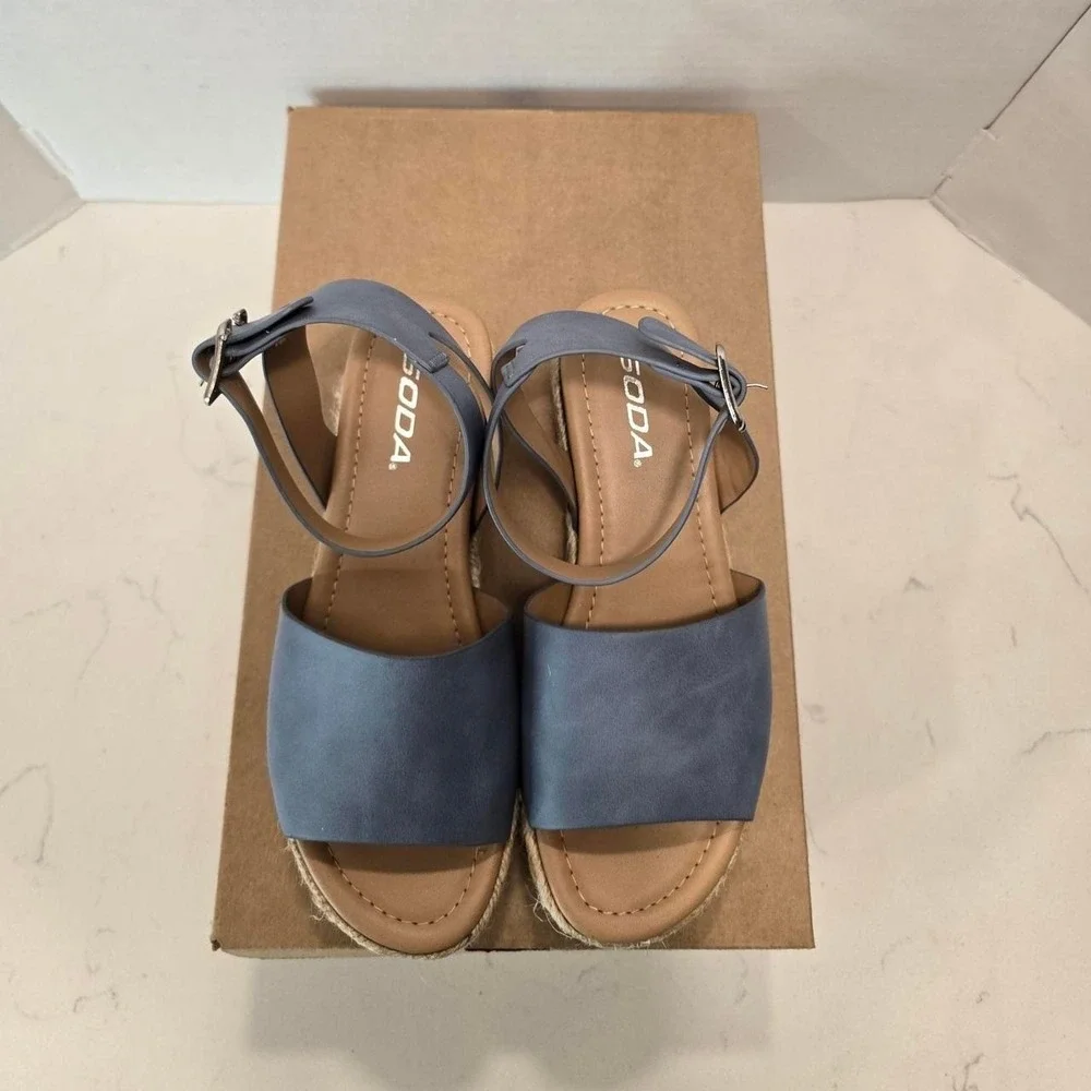 Soda Women Wedge Sandals Open Toe Ankle Strap Flatform Espadrilles Blue - 6 US